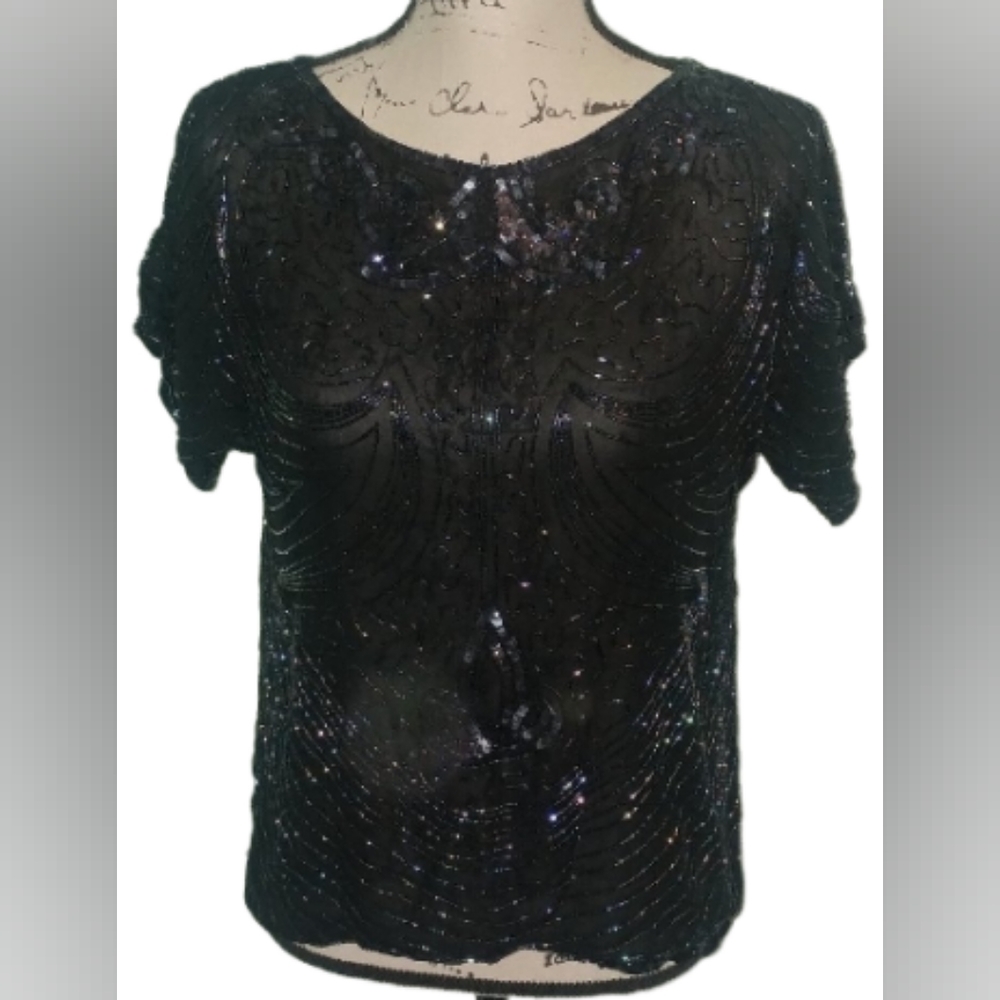 VTG METAMORPHOSIS BLACK BEADED DESIGN SILK TOP M